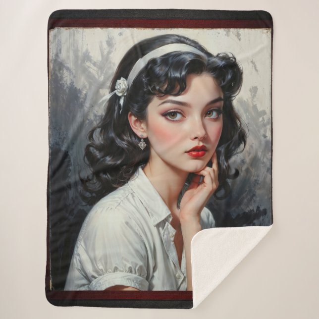 Retro Inspired Portrait of Thoughtful Young Woman Sherpa Blanket (Front)