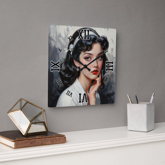 Retro Inspired Portrait of Thoughtful Young Woman Square Wall Clock (Office)