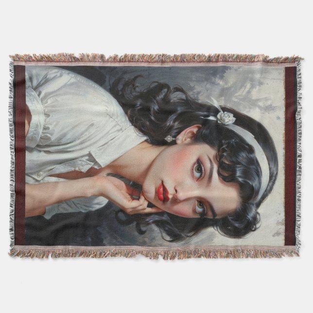 Retro Inspired Portrait of Thoughtful Young Woman Throw Blanket (Front)