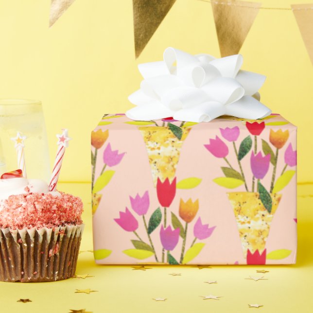 Retro-Inspired Tulips Hand-Illustrated Midcentury Wrapping Paper (Birthday Party)
