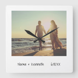Retro Instant Photo   Add Names & Wedding Date Square Wall Clock