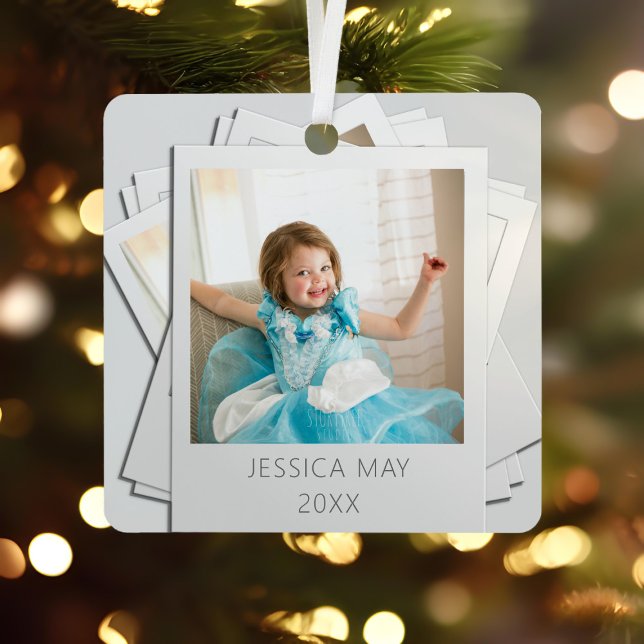 Retro Instant Photo Frame Name Year Ornament (Upload your photo to this retro metal ornament )