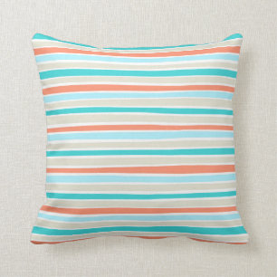 Retro Irregular Lines Pattern Coral Teal Beige Cushion