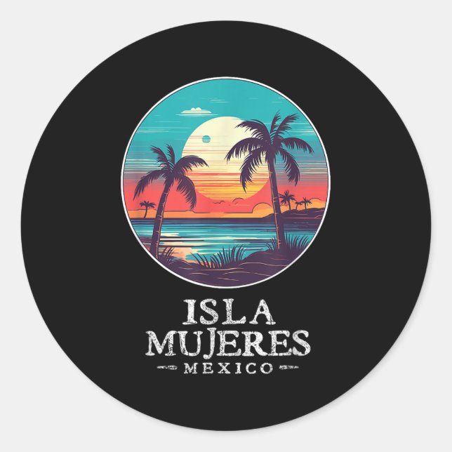 Retro Isla Mujeres Mexico Beach Sunset Souvenir Me Classic Round Sticker (Front)
