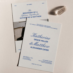 Retro Ivory and Navy Blue Wedding Invitation