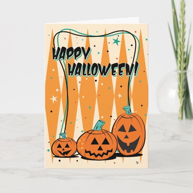 Retro Jack-O-Lantern Trio Halloween Greeting Card (Front)