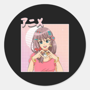 Retro Japanese Anime Girl Vaporwave Aesthetic Pink Classic Round Sticker