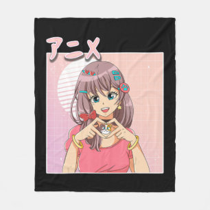 Retro Japanese Anime Girl Vaporwave Aesthetic Pink Fleece Blanket