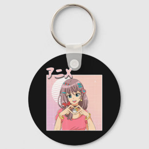 Retro Japanese Anime Girl Vaporwave Aesthetic Pink Key Ring