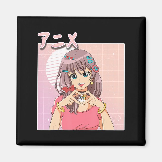 Retro Japanese Anime Girl Vaporwave Aesthetic Pink Magnet (Front)