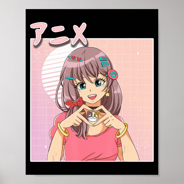 Retro Japanese Anime Girl Vaporwave Aesthetic Pink Poster (Front)