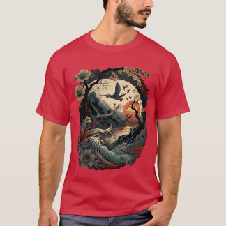 Retro Japanese Birds Cherry Blossom And Vintage fu T-Shirt