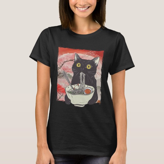 Retro Japanese Cat Eating Ramen Funny Noodles  T-Shirt (Front)