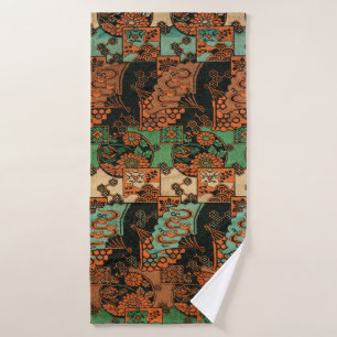 Retro Japanese Chrysanthemum & Wave Motif Bath Towel Set