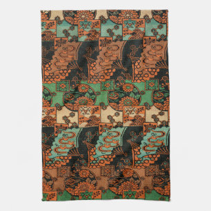 Retro Japanese Chrysanthemum & Wave Motif Tea Towel