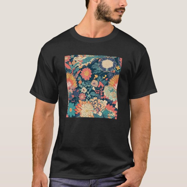 Retro Japanese Flower Woodblock Abstract Floral Pa T-Shirt (Front)