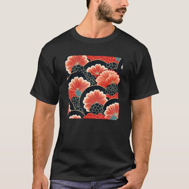 Retro Japanese Flower Woodblock Abstract Floral Pa T-Shirt (Front)