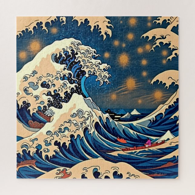 Retro Japanese Great Wave - Vintage Design Jigsaw Puzzle (Vertical)