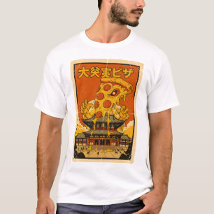 Retro Japanese Kaiju Pizza Monster Temple Art T-Shirt
