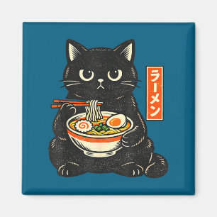 Retro japanese kawaii ramen cat eating noodles magnet