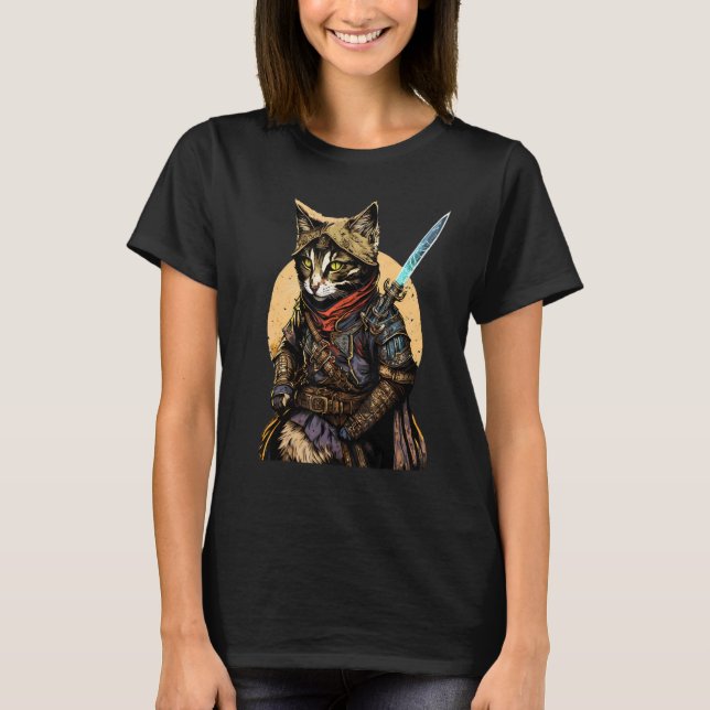 Retro Japanese Samurai Cat Bushido Warrior Sword V T-Shirt (Front)