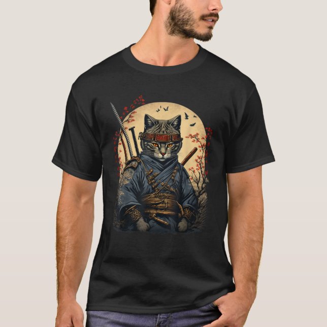 Retro Japanese Samurai Ninja Cat Kawaii Tattoo Gra T-Shirt (Front)