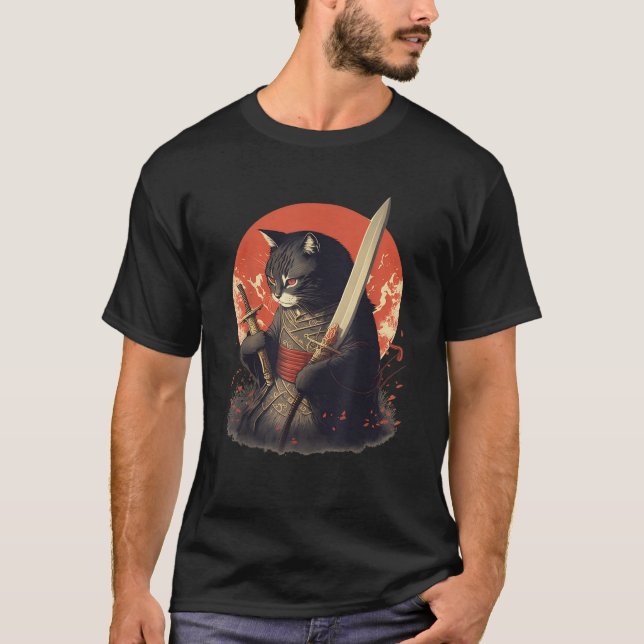 Retro Japanese Samurai Ninja Cat Kawaii Tattoo Gra T-Shirt (Front)