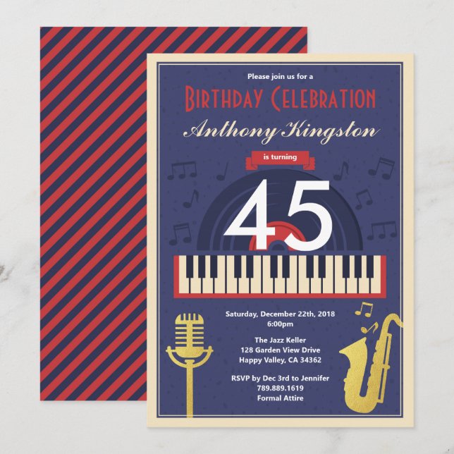 Retro jazz music birthday party adult man invitation (Front/Back)