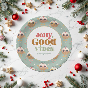 Retro "Jolly Good Vibes" Christmas Party Paper Plate