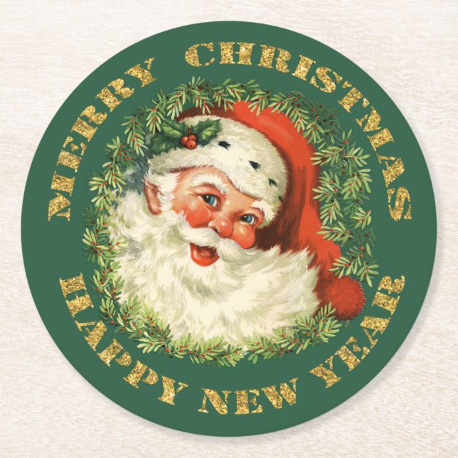 Retro Jolly Old Santa and Wreath Round Paper Coaster (Front)