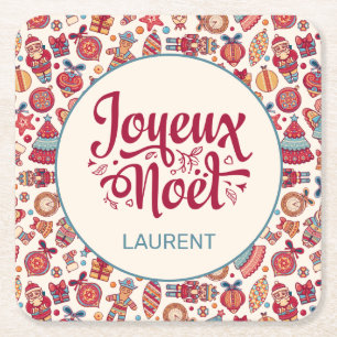 Retro Joyeux Noel Personalised Square Paper Coaster