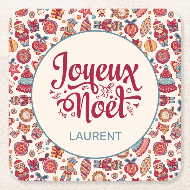 Retro Joyeux Noel Personalised Square Paper Coaster (Front)