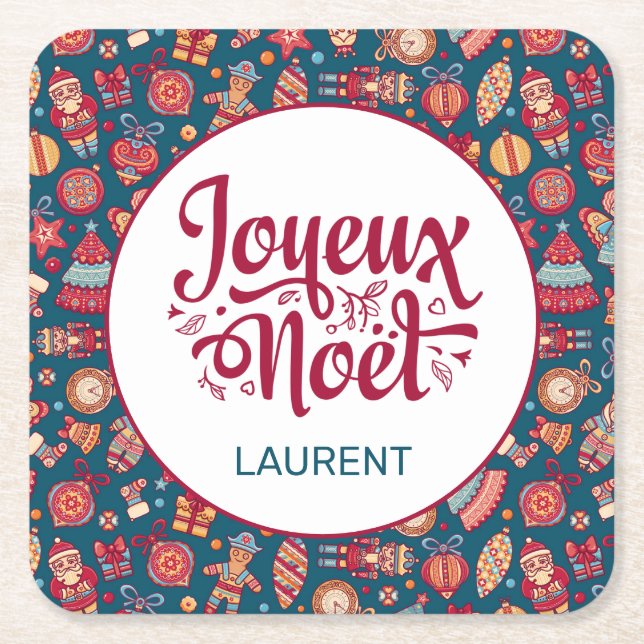 Retro Joyeux Noel Personalised Square Paper Coaster (Front)