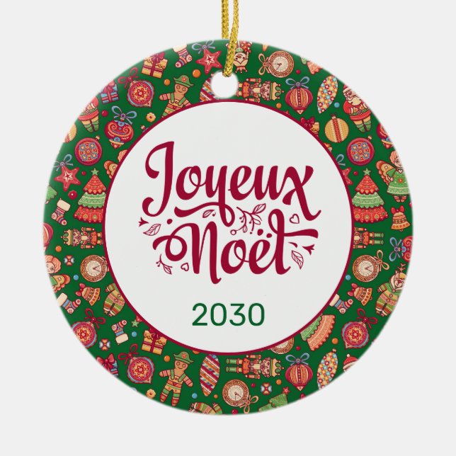 Retro Joyeux Noel Personalized Ceramic Tree Decoration (Front)