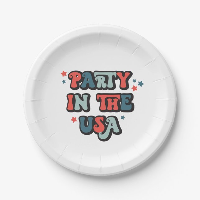 Retro July 4th Birthday Party in the USA Paper Pla Plate (Front)