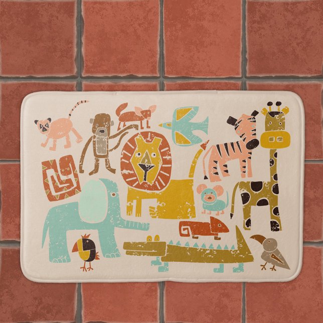 Retro Jungle Animals Cute Illustrated Bath Mat (Creator Uploaded)