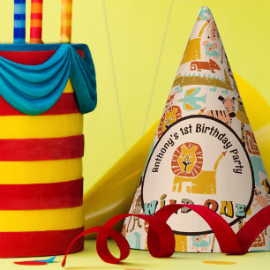 Retro Jungle Animals Wild One First Birthday Party Hat