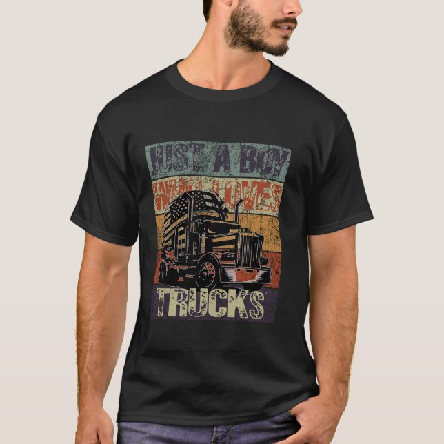 Retro Just A Boy Who Loves Trucks Dad Truck Driver T-Shirt (Front)