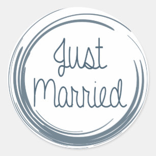 Retro Just Married Navy Blue And White Wedding Classic Round Sticker