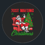 Retro Just Waiting For Christmas Santa Merry Xmas  Classic Round Sticker<br><div class="desc">Retro Just Waiting For Christmas Santa Merry Xmas Pyjamas</div>