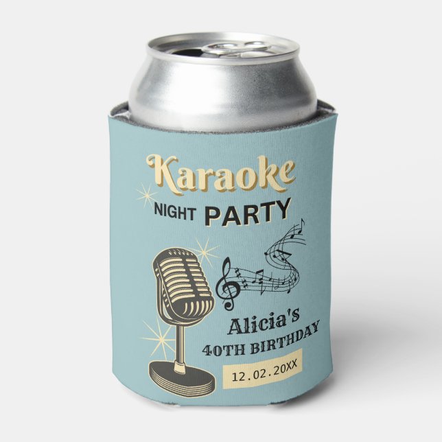 Retro Karaoke Night Party Teal & Cream Birthday Can Cooler (Can Front)