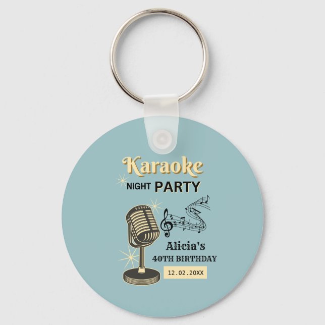 Retro Karaoke Night Party Teal & Cream Birthday Key Ring (Front)