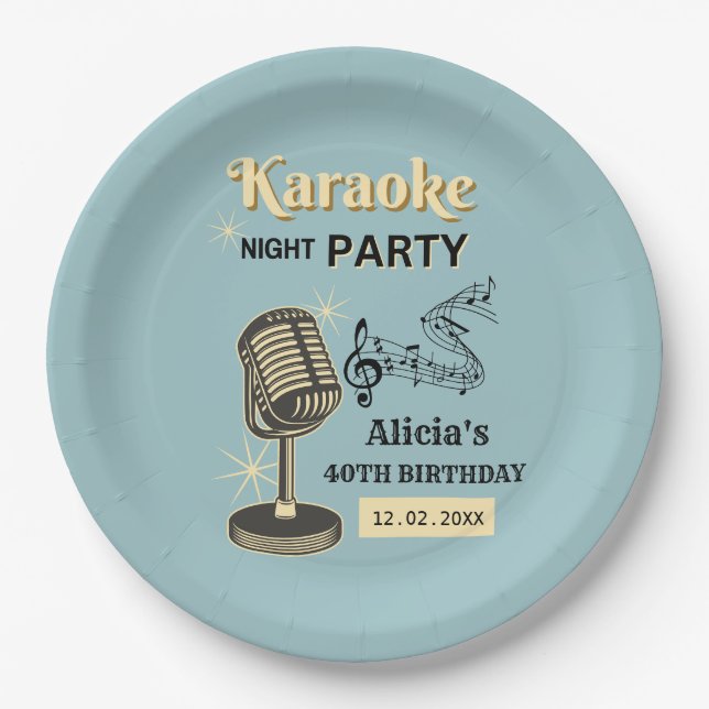 Retro Karaoke Night Party Teal & Cream Birthday Paper Plate (Front)