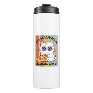 Retro Kawaii cute cat eating pizza Thermal Tumbler