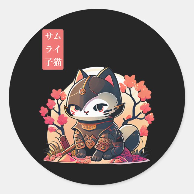 Retro Kawaii Samurai Cat with Cherry Blossom Tree  Classic Round Sticker (Front)