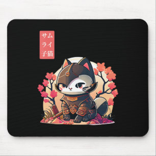 Retro Kawaii Samurai Cat with Cherry Blossom Tree  Mouse Mat