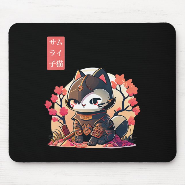 Retro Kawaii Samurai Cat with Cherry Blossom Tree  Mouse Mat (Front)