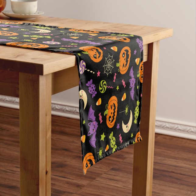 Retro Kawaii Spooky Halloween Candy Pumpkins Medium Table Runner (In Situ)