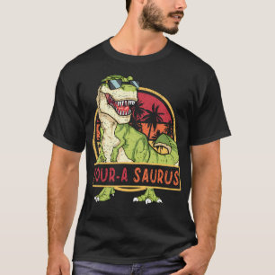 Retro Kids 4 Years Old Birthday 4Th T Rex Dino Fou T-Shirt