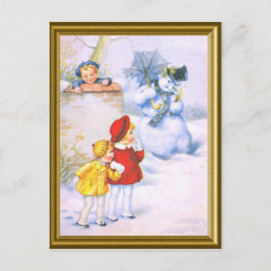 REtro kids and the snowman Holiday Postcard